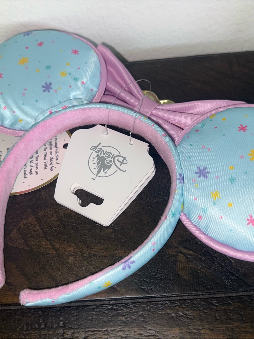 Disney Pastel Blue Minnie Ears Headband with Shimmery Pink Bow - Picture 6 of 6